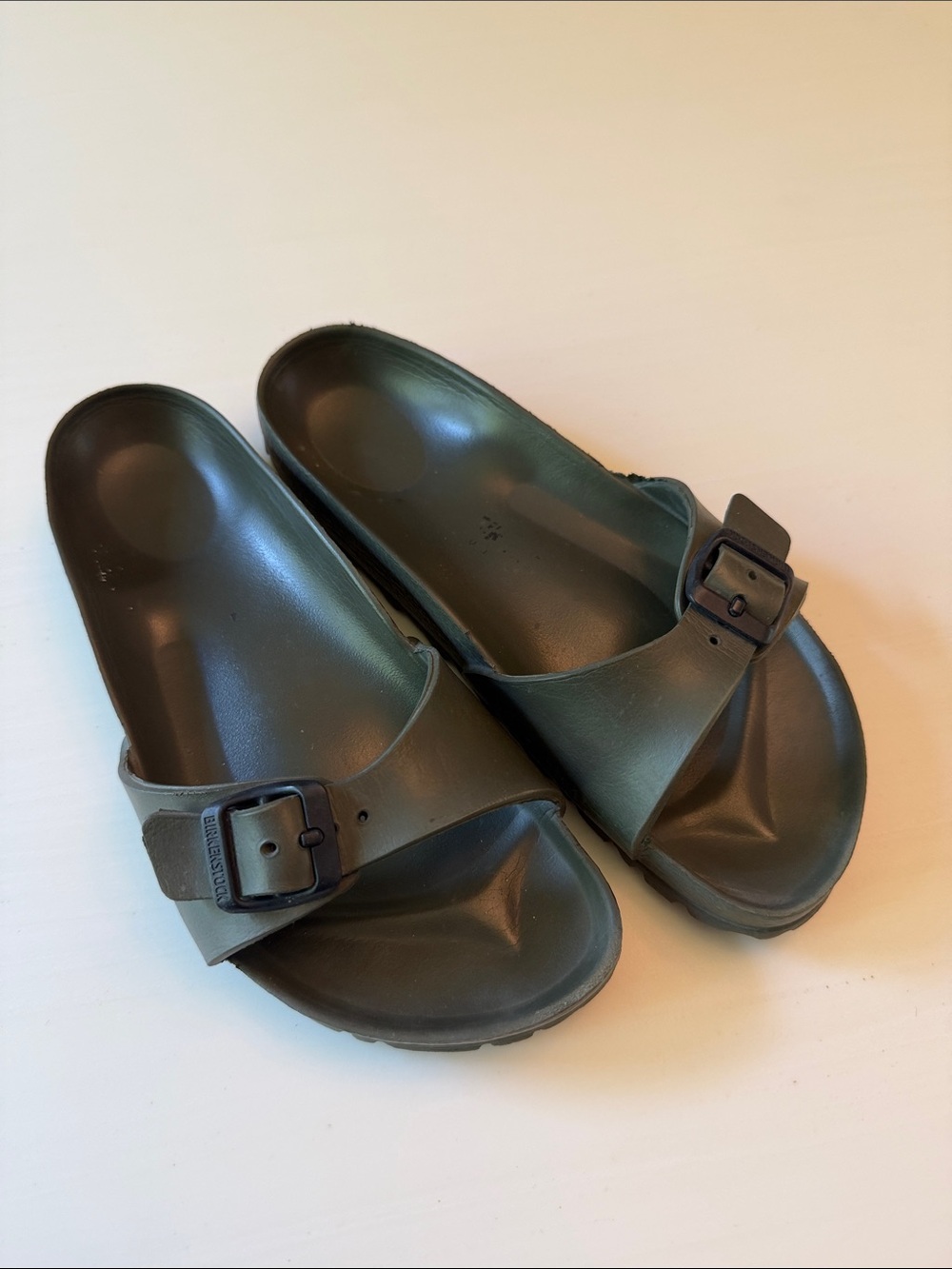 Women’s Birkenstock Madrid Olive Green Slide Sandals with Adjustable Buckle